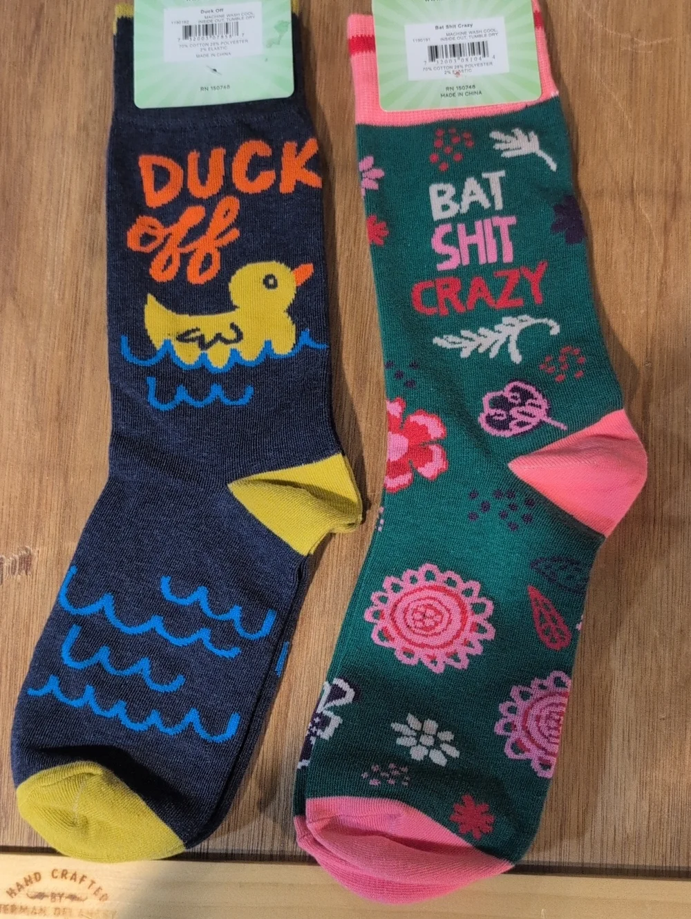 Funatic Novelty Crew Socks - Duck Off (Navy) & Bat Shit Crazy (Green) NWT